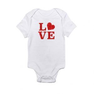 LOVE With Red Glitter and Heart Baby Onesie